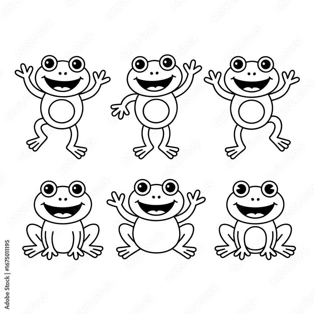 Fototapeta premium Six Cheerful Cartoon Frogs Waving and Smiling in a Black and White Illustration Perfect for Children's Coloring Pages