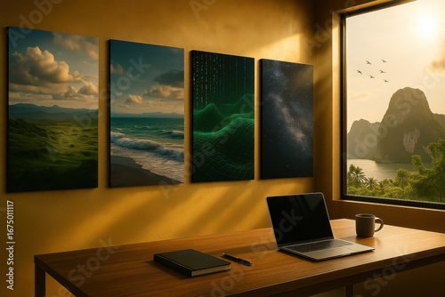 Modern home office desk with laptop notebook and coffee cup in warm sunset light with wall art landscape paintings for remote work inspiration