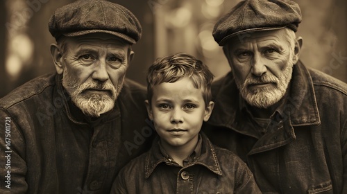 Portrait of two elderly men with beards and flat caps sitting beside a young boy, representing family generations, wisdom, heritage, tradition, and the bond between old and young