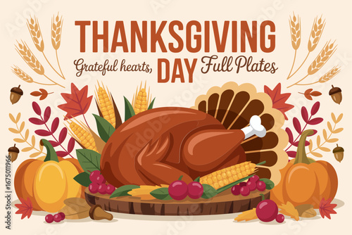 Thanksgiving Day roasted turkey centerpiece with pumpkins corn cranberries, autumn leaves frame, family dinner poster, holiday greeting card, vector illustration