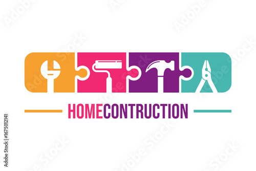 A vibrant, colorful logo representing home construction and renovation with various building tools. Perfect for builders, architects, or home repair services.