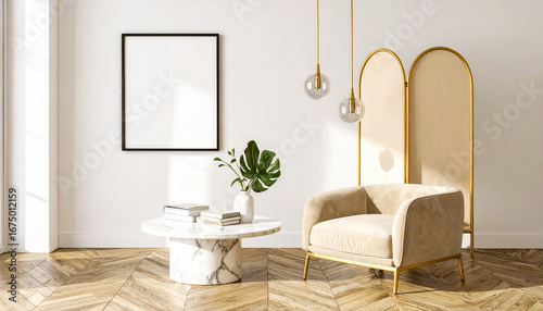 Mockup poster frame Interior Design Elegance: A modern living space designed with sophisticated simplicity, featuring a blank picture frame, elegant furniture, and tasteful decor, 