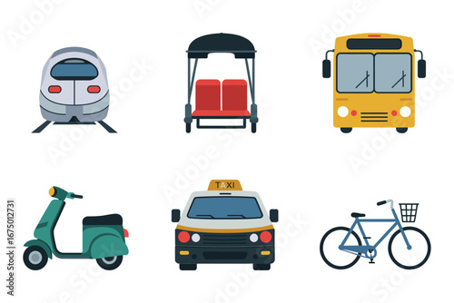 Transportation icons Japan style, shinkansen train rickshaw city bus, scooter police car bicycle, travel pack, vector illustration