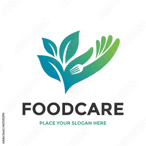 Elegant logo featuring a hand cradling leaves and a fork, ideal for organic food brands, health food stores, or businesses promoting sustainable and healthy eating habits.