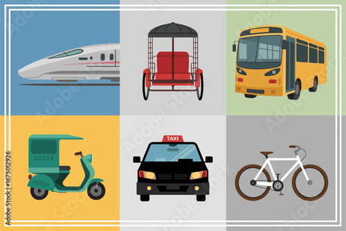 Japanese transportation grid collection, bullet train rickshaw city bus, scooter taxi bicycle, travel icons, clean vector illustration