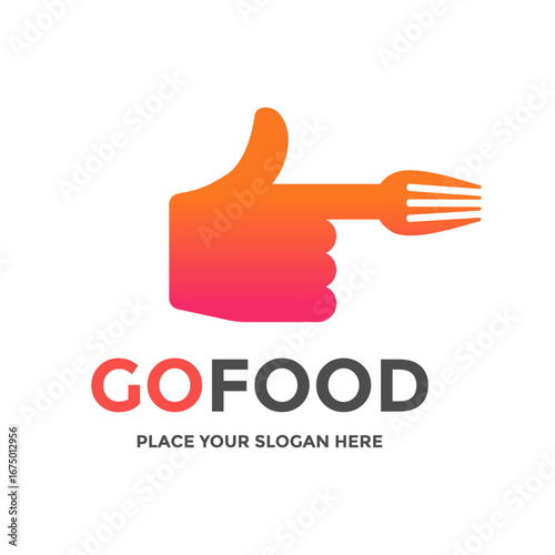 Modern and creative logo for food delivery services, restaurants, or culinary businesses. Features a thumb-up gesture combined with a fork, symbolizing quick and satisfying food experiences.