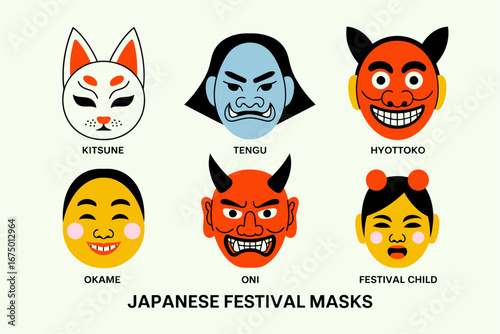 Japanese festival masks set, kitsune tengu hannya hyottoko okame child, traditional costume icons, cultural celebration, vector illustration