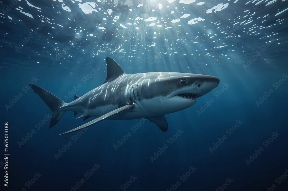 Fototapeta premium Great white shark swims, sunlit ocean, underwater, wildlife