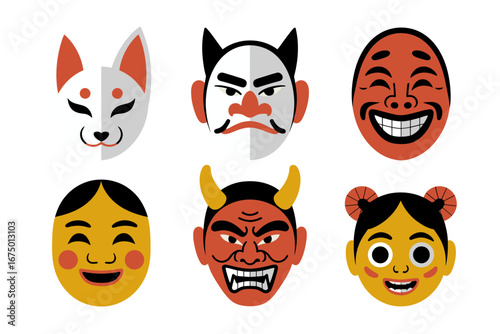 Festival masks Japan set, kitsune and kabuki style faces, oni demon hannya okame, cultural icons, clean vector illustration