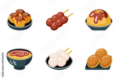 Japanese street food icon set takoyaki dango skewers sweet buns, flat editable vector, isolated on white