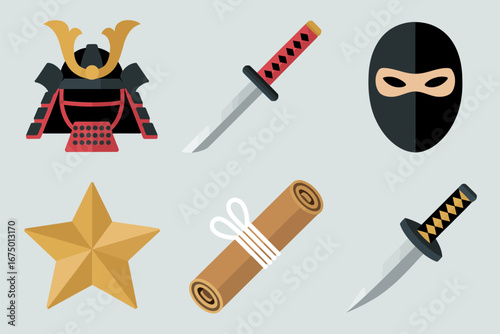 Ninja weapons and samurai gear, katana shuriken scroll, martial arts icons, modern flat vector