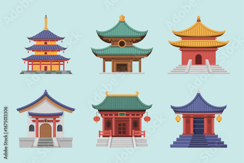 Asian temple and shrine bundle, colorful pagodas with curved roofs and gates, traditional architecture icons, editable vector pack
