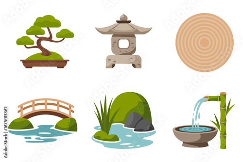 Japanese garden elements set with bonsai stone lantern bridge koi pond bamboo fountain and zen sand circle illustration