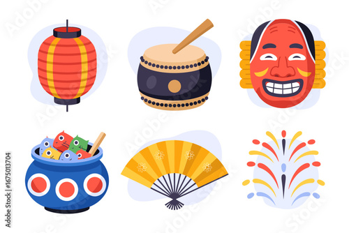 Japanese festival icons, paper lantern taiko drum folding fans mask fireworks bowl, vector set for party decoration and print