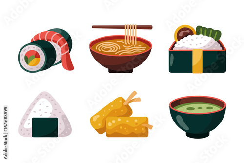 Japanese food icons set, sushi roll nigiri ramen bento onigiri matcha tempura, cute flat vector illustration