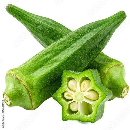 Fresh Okra Display Isolated On White Background: Fresh okra pods, with one meticulously sliced to unveil the internal star-shaped design, inviting viewers into a world of vibrant flavor. 