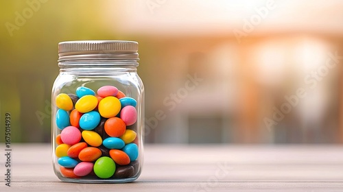 A glass jar filled with colorful, round candies.