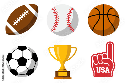 Sports equipment icons, football baseball basketball soccer balls, trophy cup foam finger, vector design resources, team branding graphics