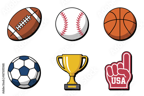 Sports ball and trophy icons, football baseball basketball soccer, golden cup foam finger, spirit graphics, vector clipart for sports branding