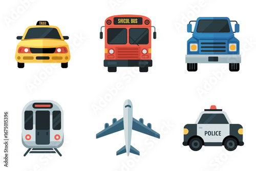 Transportation icon pack, taxi bus van and pickup, subway train front view, commercial airplane, clean vector collection for travel apps