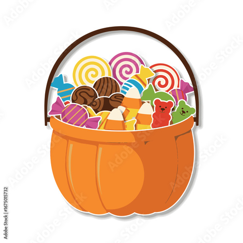 Vector Flat illustration of a Halloween trick-or-treat bucket overflowing with colorful candy and sweets isolated on a white background