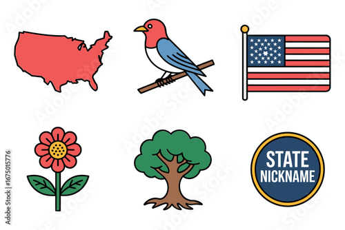 USA state symbol set, map flag state bird flower tree, nickname badge circle, patriotic design, vector illustration