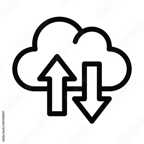 Black outlined cloud icon with upload and download arrows. Editable stroke icon. Vector illustration