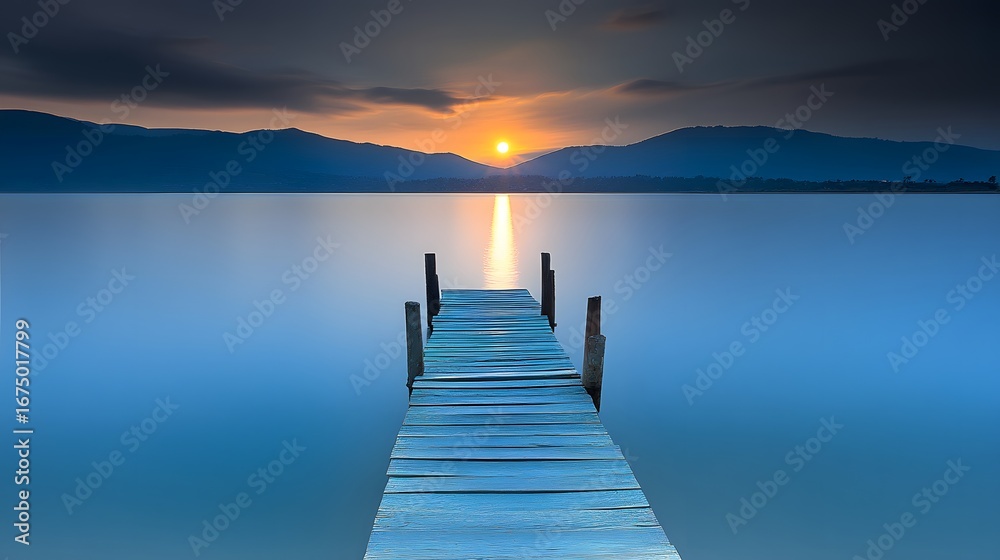 Obraz premium Serene Sunrise Lake Wooden Dock Peaceful Landscape