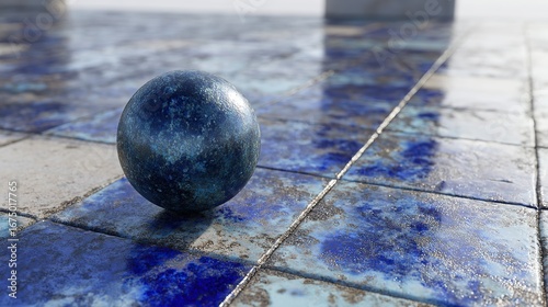 On the floor lies a blue-black round stone with an extremely detailed texture that highlights the stone's smooth and solid appearance in a simple setting.