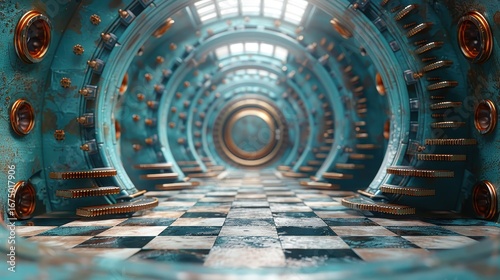 Steampunk Futuristic Corridor with Teal Walls, Gold Machinery, Checkered Floor, and Intric