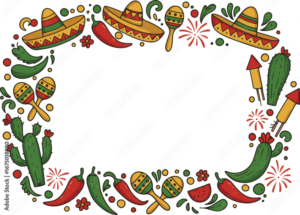 Obraz premium Mexican Independence Day Frame with Sombrero, Chili Peppers in Whimsical Doodle Style