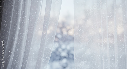 Slika na platnu Peaceful winter morning view through shimmering sheer curtains, revealing a serene snowy landscape softly blurred outside