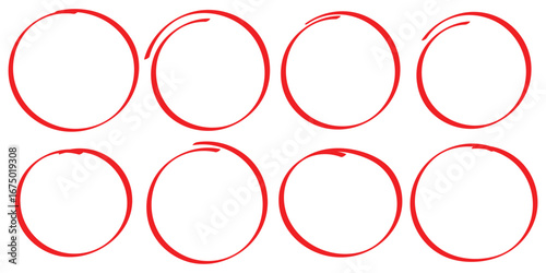 red pen hand drawn doodle marks, red circle and oval stroke set. Outline red drawing line clipart symbol. hand drawn red circle. brush drawn highlight marker. eps 10