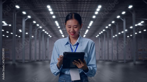 Wallpaper Mural Asian Female With Her Tablet in Empty Modern Warehouse, Work Continuously With Her Tablet Torontodigital.ca