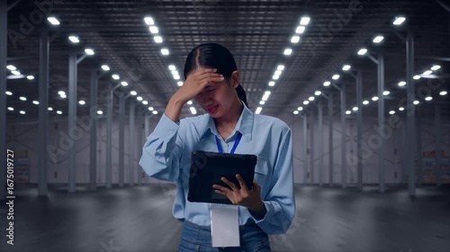 Wallpaper Mural Asian Female With Her Tablet in Empty Modern Warehouse, She Is Nodding Her Shead With Dissapionted Torontodigital.ca