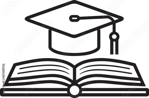 A book and a PhD hat, lineal line icon, black outline, white background, white icon black vector illustration