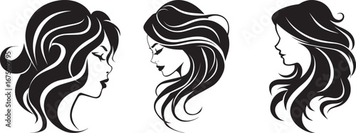 art logo of a women's hair hairdresser, modern, black and white, minimal, flat, solid white background icon black vector illustration