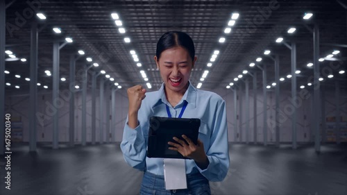 Wallpaper Mural Asian Female With Her Tablet in Empty Modern Warehouse, She Raises Her Fist Up With Screaming Goal Torontodigital.ca