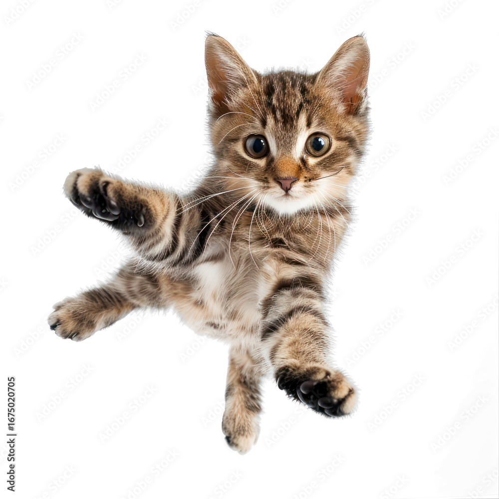 Fototapeta premium A playful brown and white kitten with one paw raised, looking up at the camera.