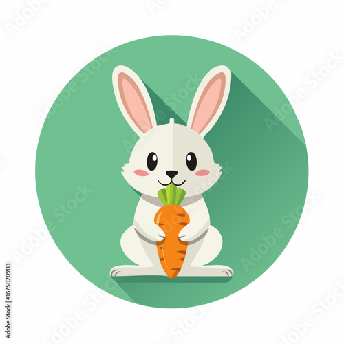 Adorable cartoon rabbit happily holding and eating a fresh, orange carrot on a green background.