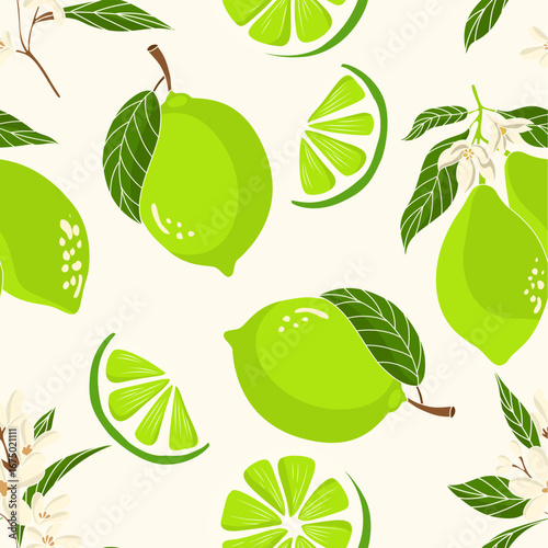 Vibrant seamless pattern featuring whole and sliced green limes with leaves. Ideal for summer, tropical projects, and kitchen designs.
