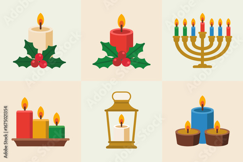 Candle grid icons vector, menorah lantern pillar candle, holiday decor set, winter celebration graphics for invitations social posts