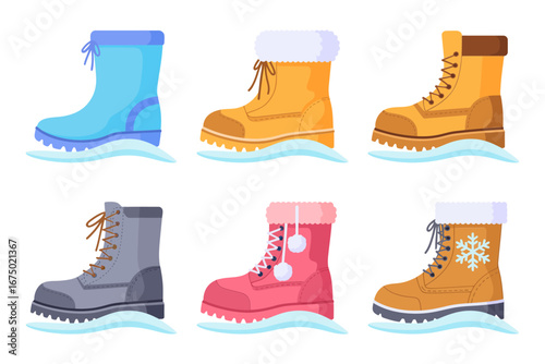 Lace up winter boots collection, leather ankle boots and rubber snow boots, warm footwear icons, fashion clothing clipart, vector set