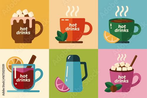 Round drink badges vector, cocoa with whipped cream, coffee cup green tea, thermos bottle, cozy winter beverage icons