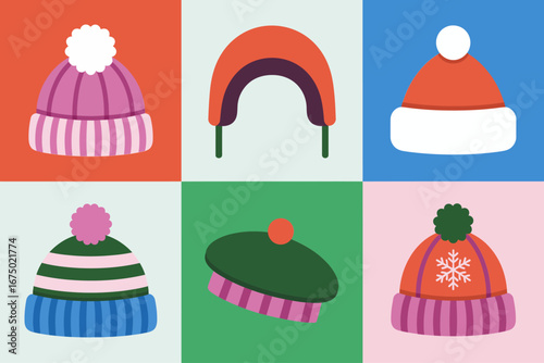 Winter hat grid on colorful blocks, beanies and ear warmers with pom poms, seasonal apparel icons, modern vector illustration set