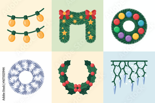 Ornament wreath and light garlands set, round frames and swag corners, festive home decor, holiday border collection, vector illustrations