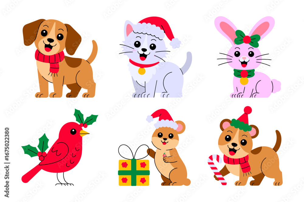 Obraz premium Festive pets illustration, cute dog cat and bunny with scarf and gifts, holiday animal characters, vector clipart for greeting cards