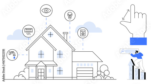 Modern house with symbols representing smart technology functions thumbs up security, lighting, HVAC, appliances, and remote control. Ideal for technology, innovation, convenience, energy efficiency