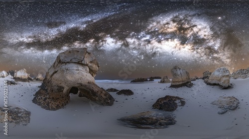 Milky way over a beach with unique rock formations.