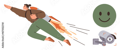 Person flying with a jetpack representing progress. Seen alongside a surveillance camera indicating monitoring and a happy face suggesting positivity. Ideal for innovation, growth, technology